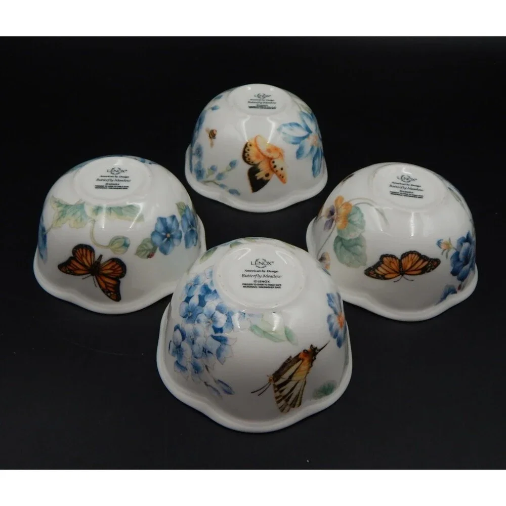 Lenox Butterfly Meadow Bloom 4 Piece Dessert Bowl Set Blue Floral 4-3/4 Inch